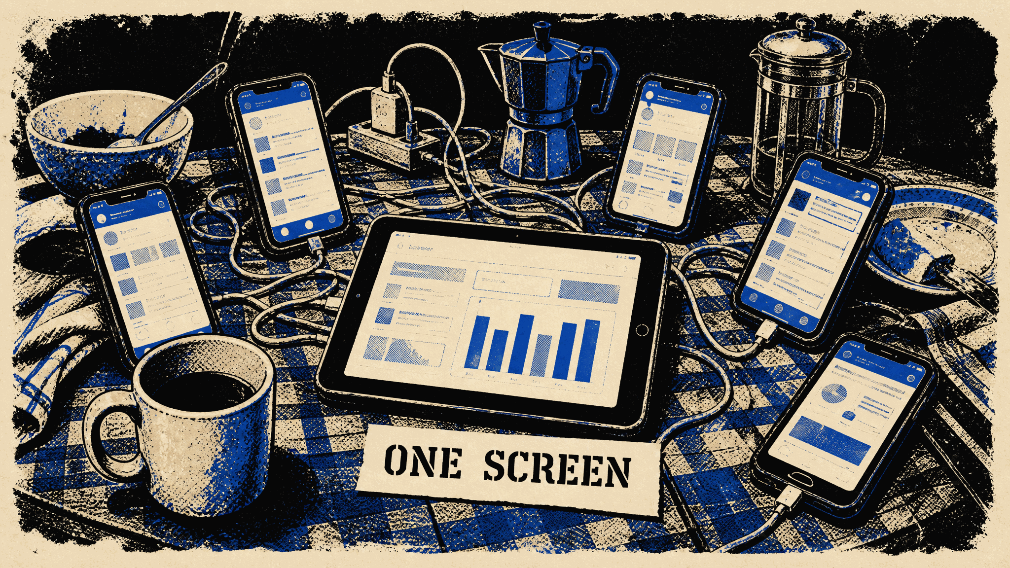A cluttered kitchen table screen-printed in black, cream and blue: five phones propped at odd angles showing indistinct banking app layouts, tangled charging cables, a moka pot, a french press and a half-full mug. At the centre a tablet shows one calm dashboard of blue bars, and a torn paper tab in front of it reads ONE SCREEN.