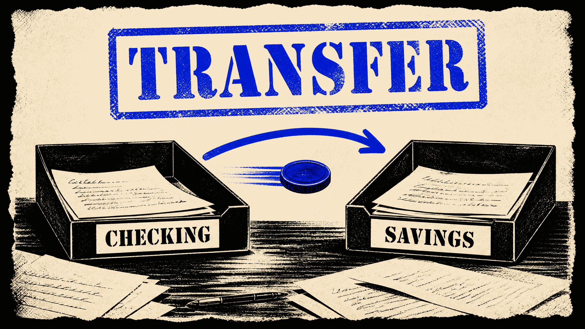 Two black paper trays on a desk, labelled CHECKING on the left and SAVINGS on the right, each holding pages of illegible handwritten scribble. A single blue coin travels from the left tray to the right along a curved blue arrow, appearing only once. A blue rubber stamp across the top reads TRANSFER.