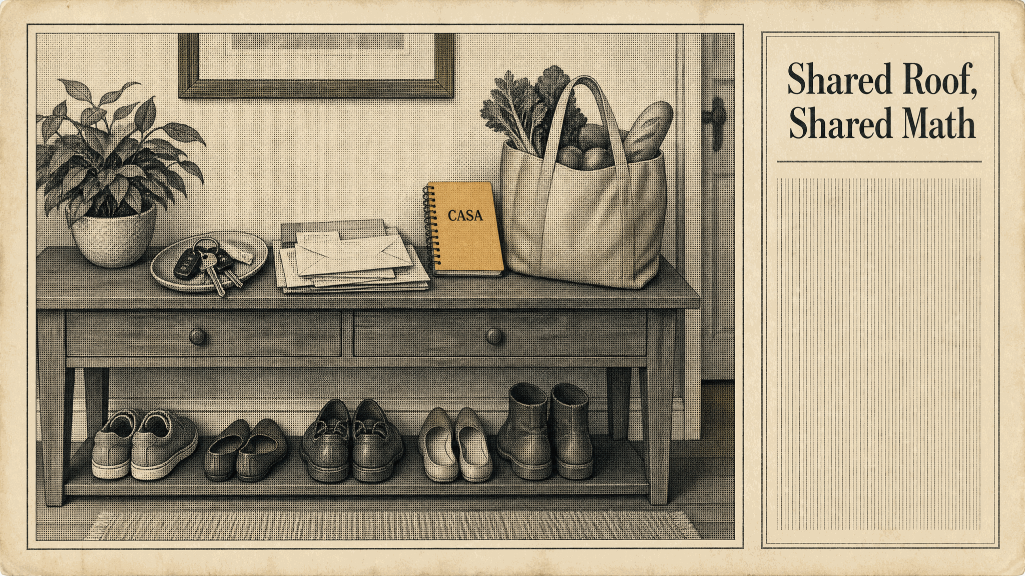 Sepia halftone illustration of a shared entryway console holding a potted plant, a dish of keys, stacked mail, a spiral notebook labelled CASA, and a grocery tote, with five pairs of adult shoes lined up on the shelf below and a column heading reading Shared Roof, Shared Math.