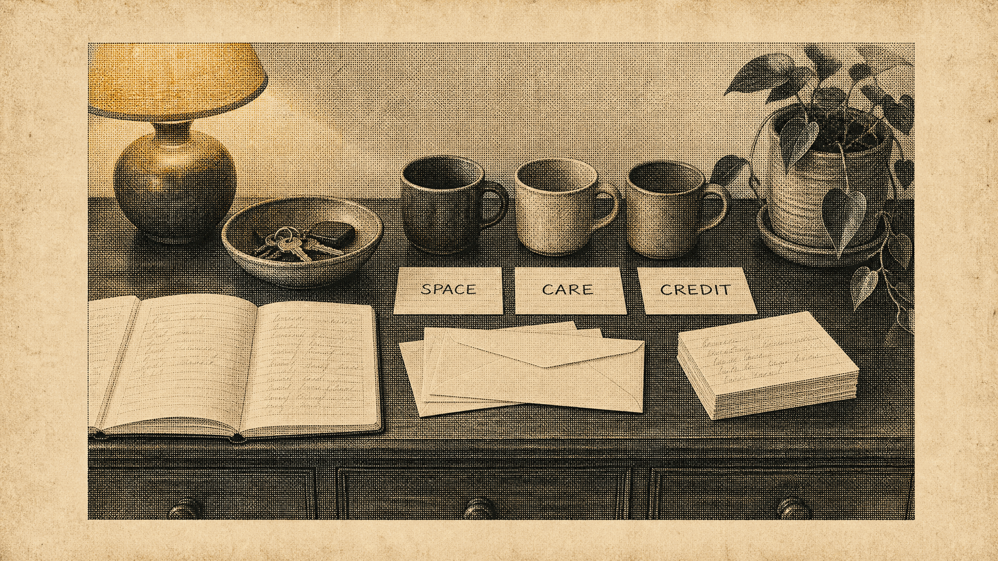 Sepia halftone illustration of a sideboard used as a household planning station, with a lamp, a bowl of keys, three coffee mugs, an open notebook of handwritten cursive, blank envelopes, and three index cards labelled SPACE, CARE, and CREDIT.