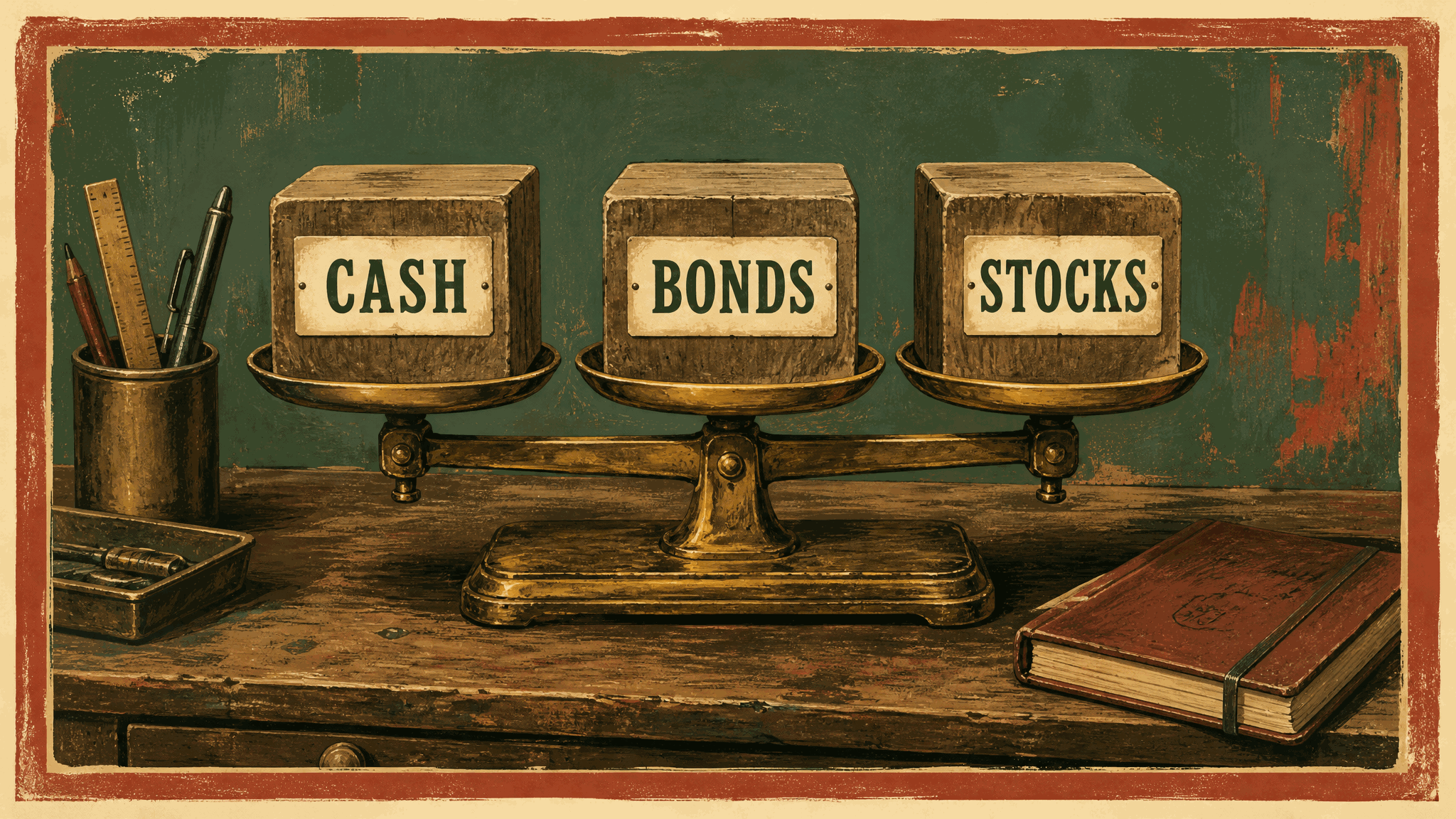 A brass balance scale on a worn wooden desk carrying three wooden blocks with enamel labels reading CASH, BONDS and STOCKS. A metal cup of pens and a ruler stands to the left, a closed red clothbound book to the right, against a distressed green painted wall.