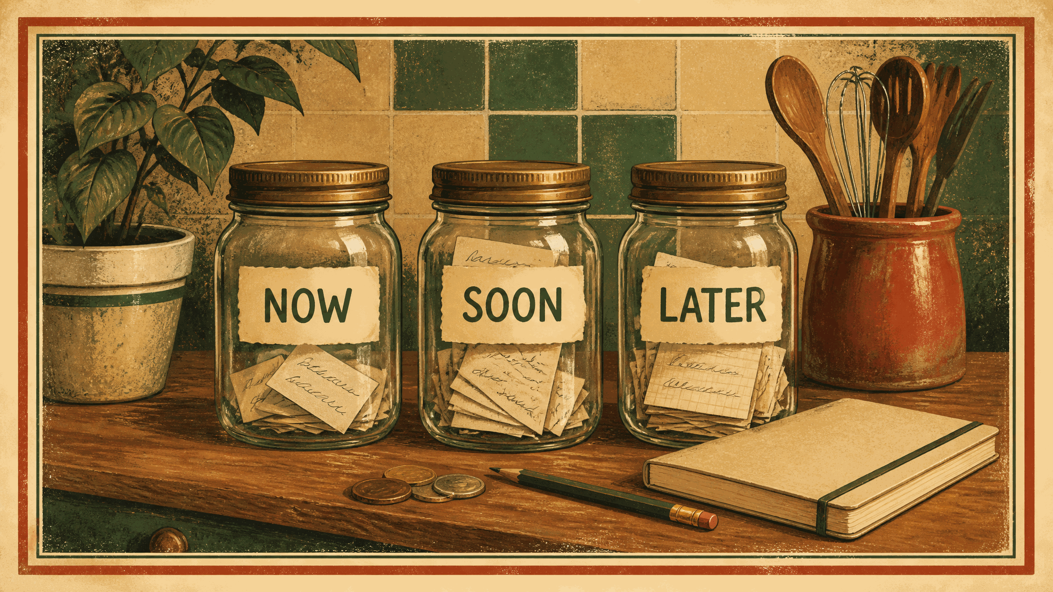 Three glass jars with brass lids on a wooden kitchen shelf, labelled NOW, SOON and LATER, each stuffed with folded paper slips covered in illegible handwriting. A potted plant sits on the left, a crock of wooden spoons and a whisk on the right, with a pencil, a few coins and a closed notebook on the shelf below.