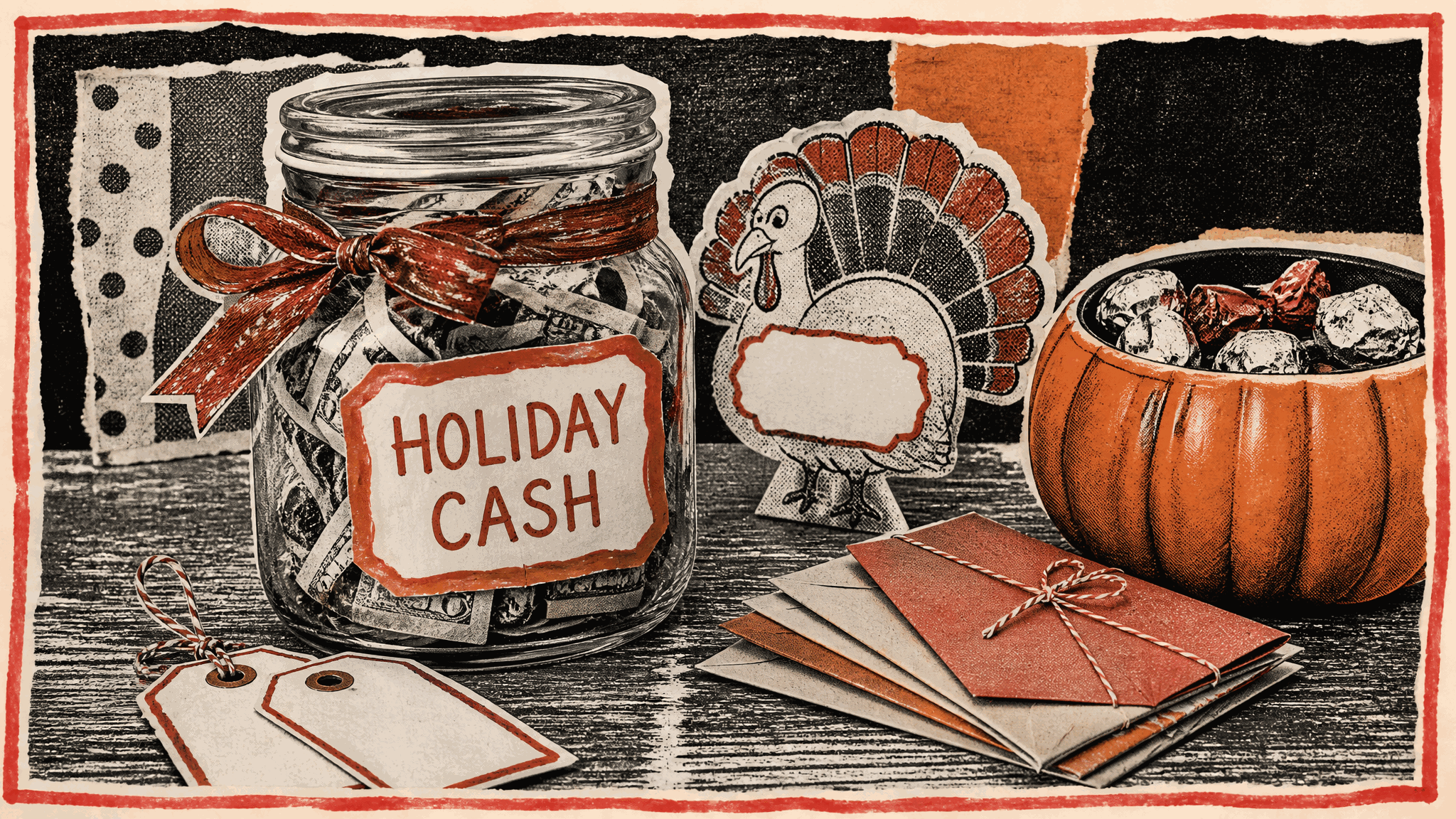 Collage of a glass jar of folded bills labeled HOLIDAY CASH and tied with a red ribbon, beside blank gift tags, a paper turkey place card, a stack of envelopes tied with twine and a pumpkin bowl of wrapped candy