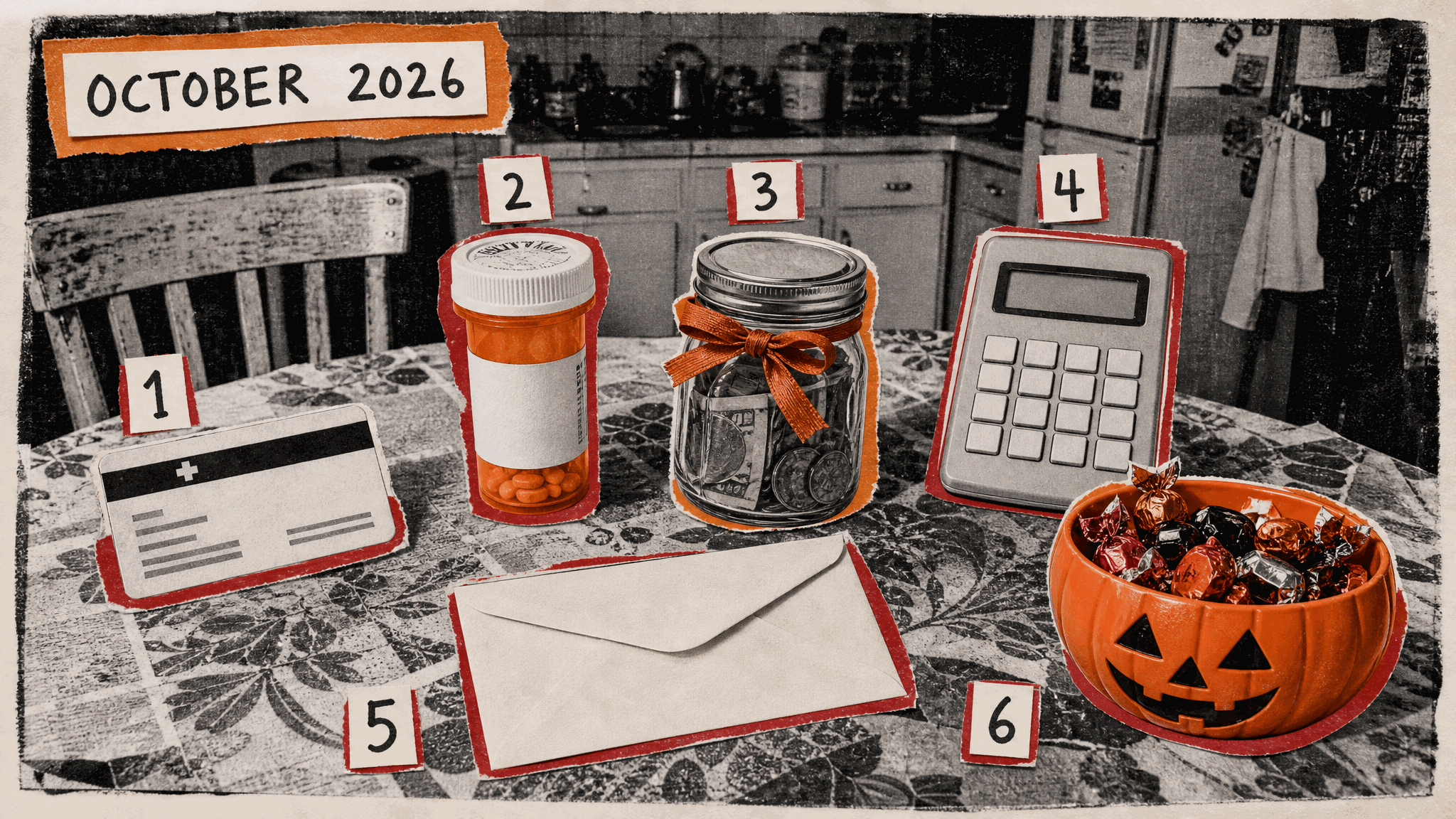 Photocopy-style kitchen table collage labeled October 2026 with six numbered items: a health insurance card, an orange prescription bottle, a savings jar tied with ribbon, a calculator, a plain envelope and a jack-o-lantern candy bowl
