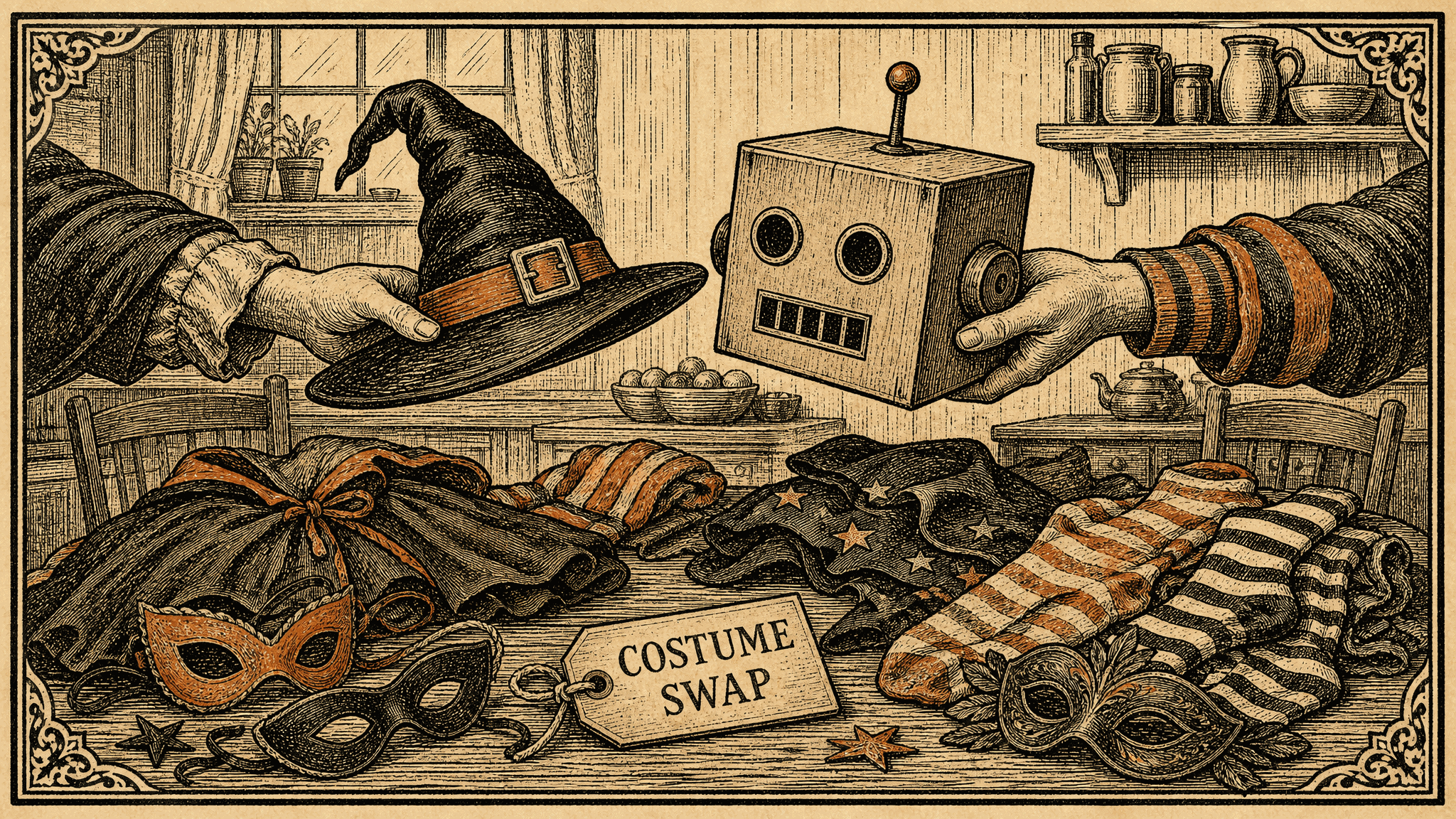 Woodcut-style kitchen scene of two hands trading a witch's hat for a cardboard robot helmet above a table piled with capes, masks, and striped socks, with a tag reading COSTUME SWAP