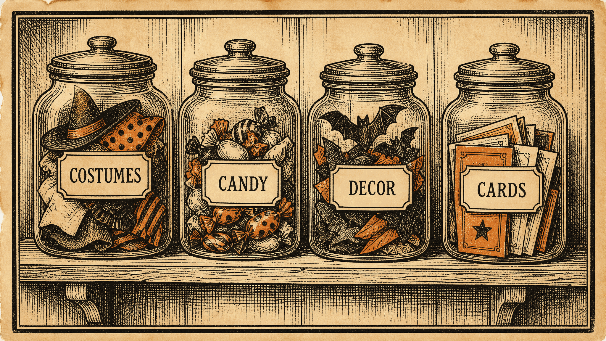 Woodcut-style illustration of four glass jars on a wooden shelf labeled COSTUMES, CANDY, DECOR, and CARDS, filled with costume scraps, wrapped candy, paper bats, and greeting cards