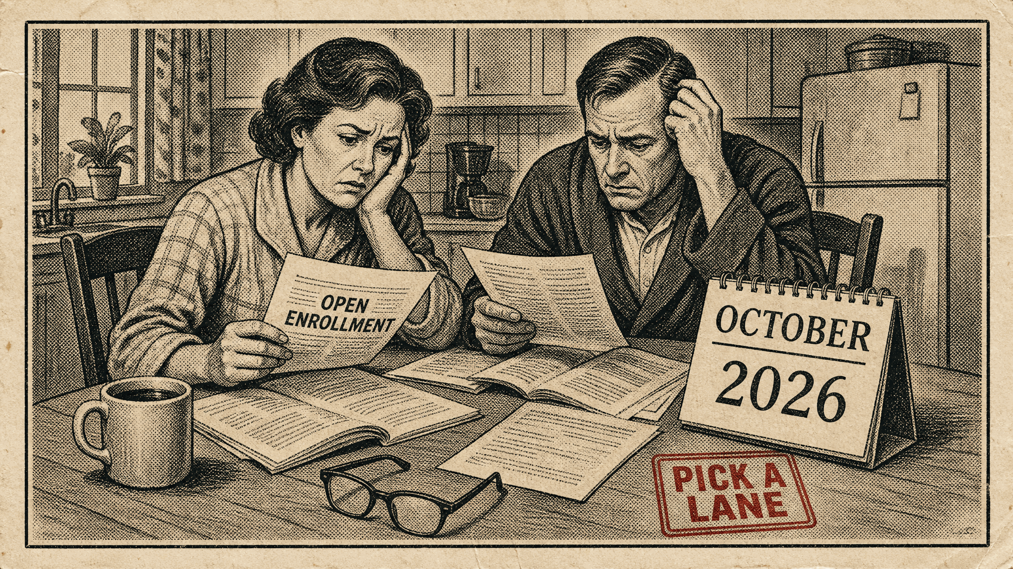 Halftone newspaper-style drawing of a worried couple at a kitchen table reading open enrollment papers, with a coffee mug, reading glasses, an October 2026 desk calendar, and a red rubber-stamp mark reading Pick a Lane.