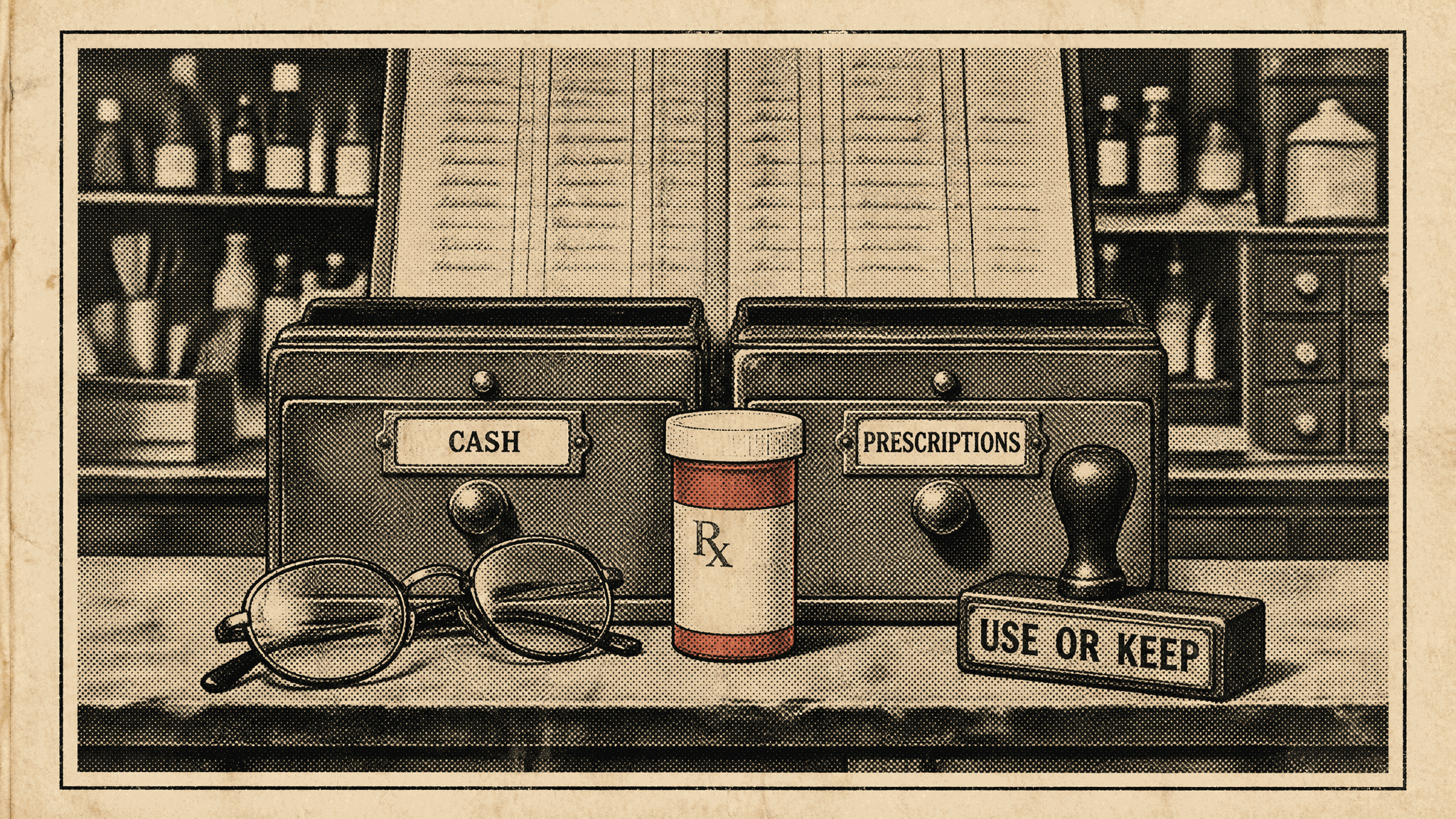 Halftone illustration of an old pharmacy counter with two metal drawers labeled Cash and Prescriptions, a pair of eyeglasses, a red-banded prescription bottle, and a rubber stamp reading Use or Keep.