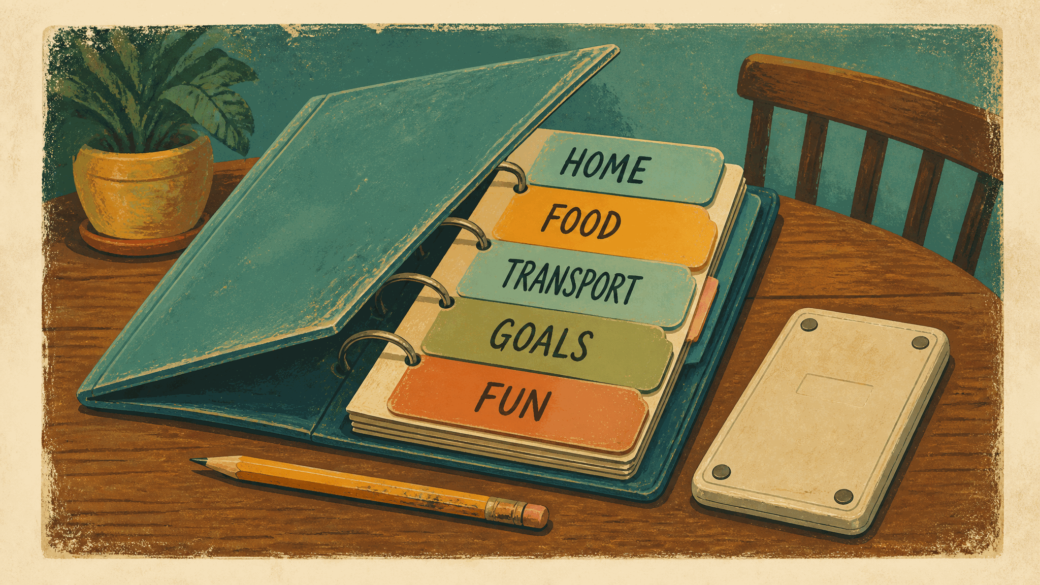 An open binder on a dining table with five colored tabs labeled Home, Food, Transport, Goals and Fun, next to a pencil and a calculator lying face down.