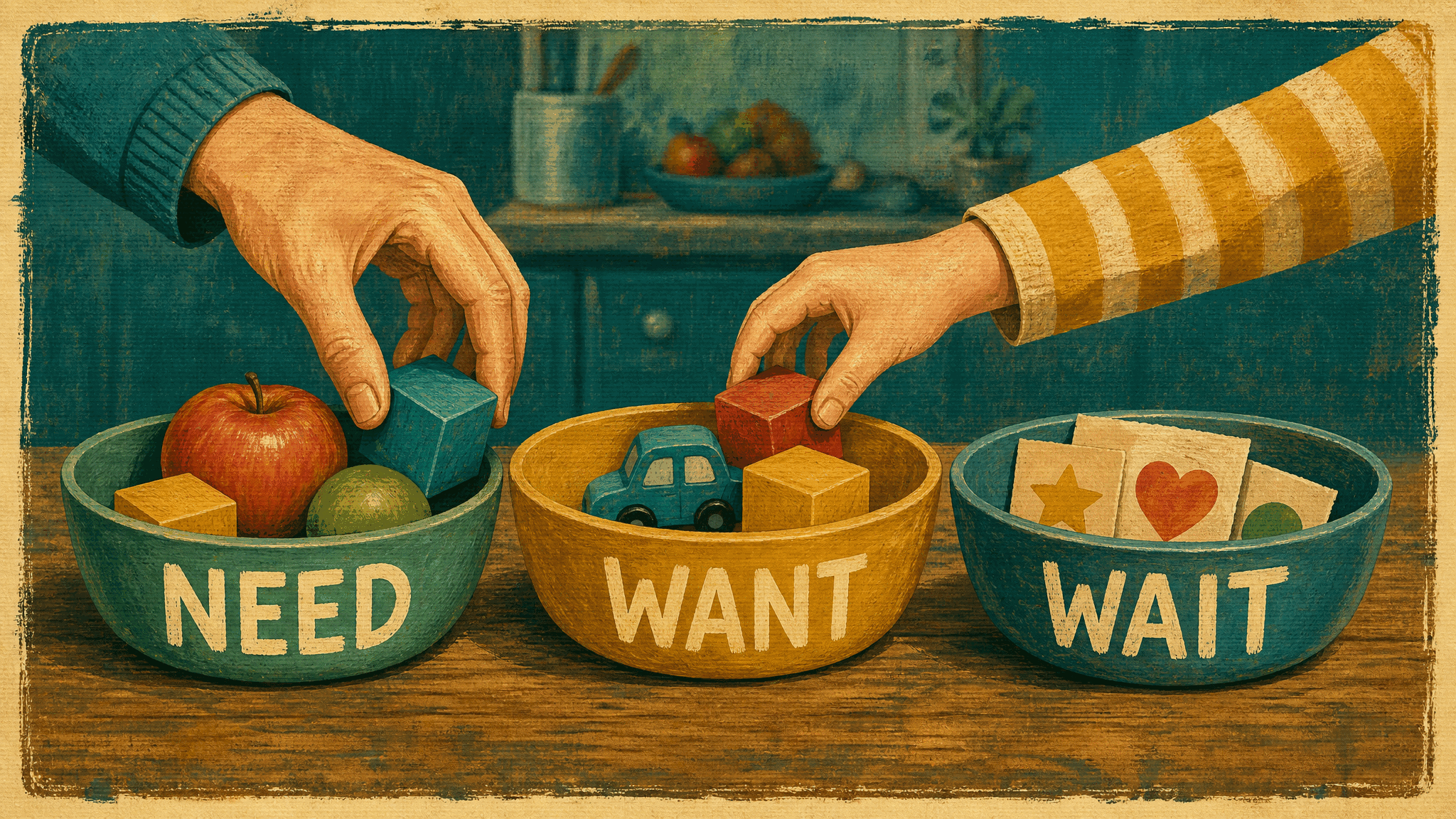 An adult hand and a child's striped-sleeve hand sort apples, wooden blocks, a toy car and picture cards into three bowls labeled Need, Want and Wait.
