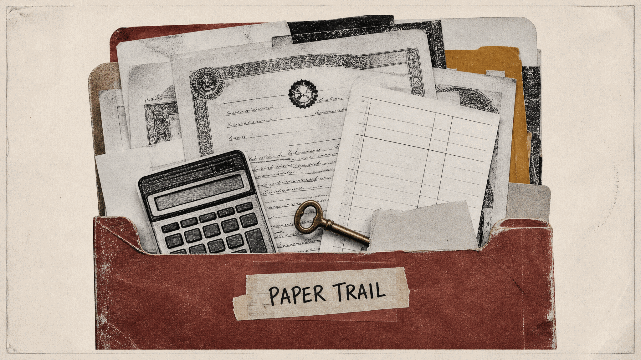 A worn red file folder stuffed with old deed pages and a blank ledger sheet, with a calculator and an antique brass key resting on the papers and a strip of tape on the folder reading PAPER TRAIL