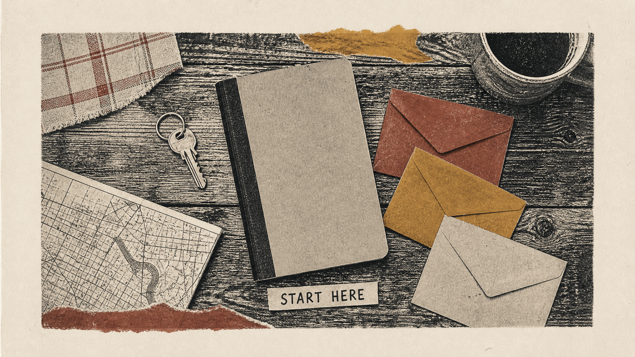Overhead collage of a wooden kitchen table with a blank notebook, a house key, a folded street map, a coffee mug, and three envelopes in red, ochre, and cream, with a small paper label reading START HERE
