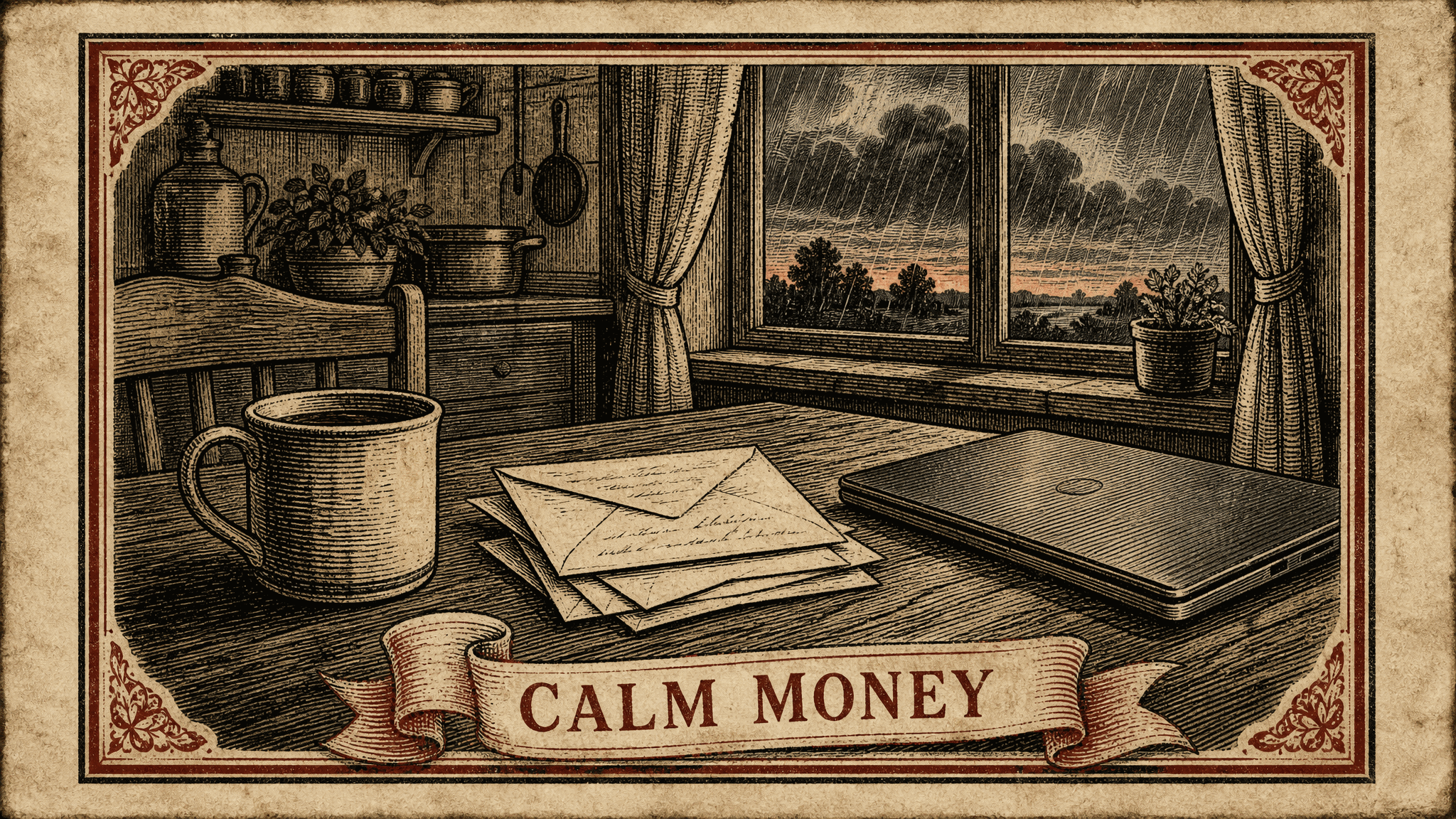 Woodcut-style kitchen table at dusk with a coffee mug, a small stack of envelopes, and a closed laptop, rain falling outside the window, framed by a ribbon banner reading Calm Money.