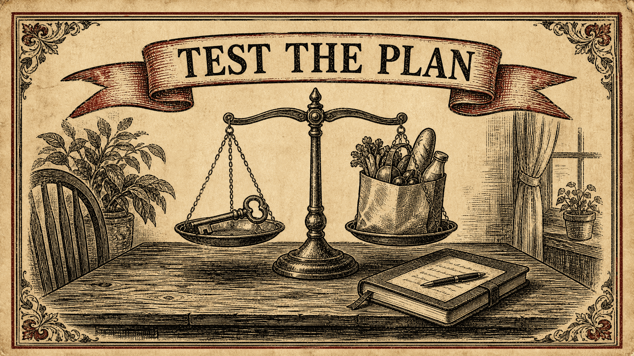 Almanac-style balance scale on a wooden table weighing a house key against a bag of groceries, with a closed notebook and pen nearby, under a ribbon banner reading Test the Plan.