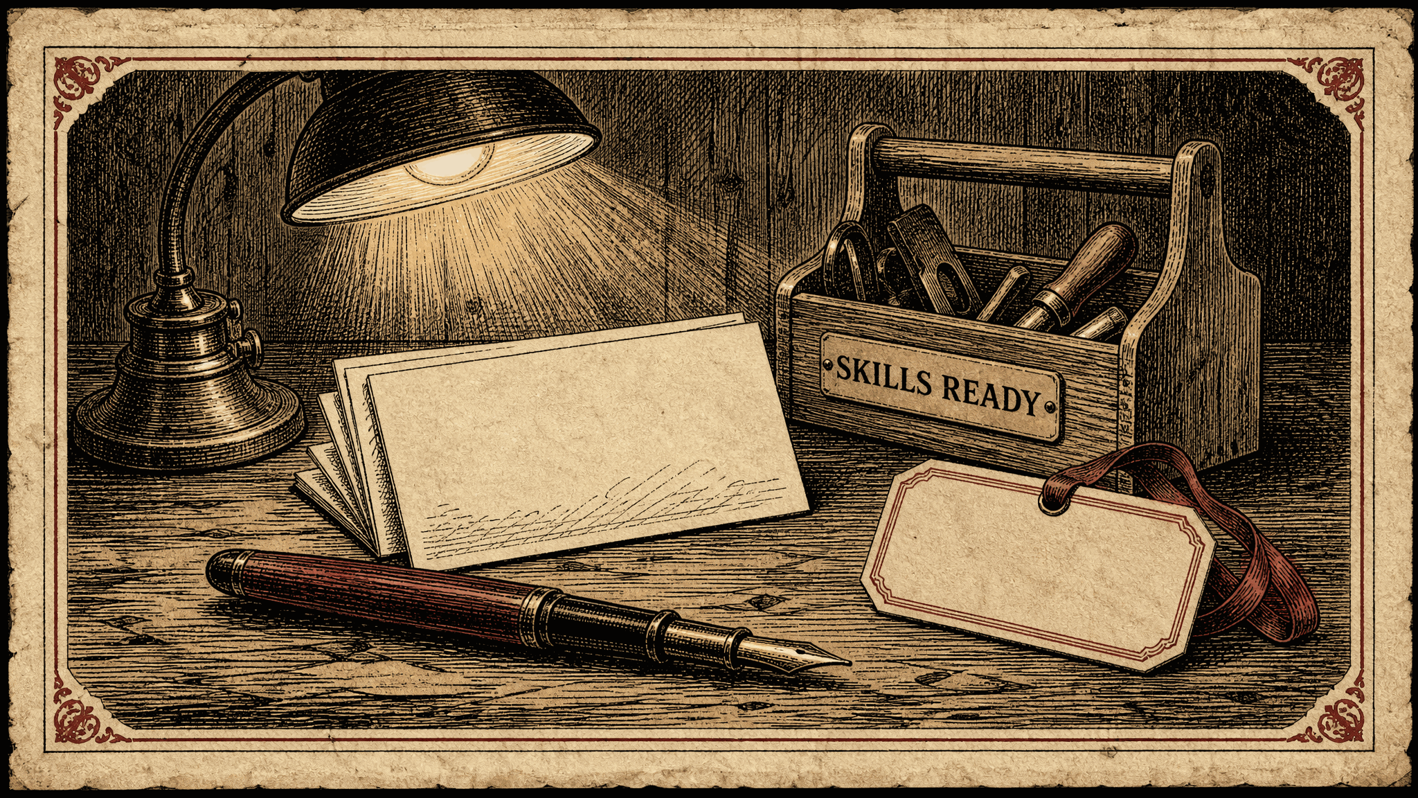 Engraved workbench scene with a desk lamp lighting blank cards, a fountain pen, a blank name tag on a ribbon, and a wooden toolbox with a brass plate reading Skills Ready.