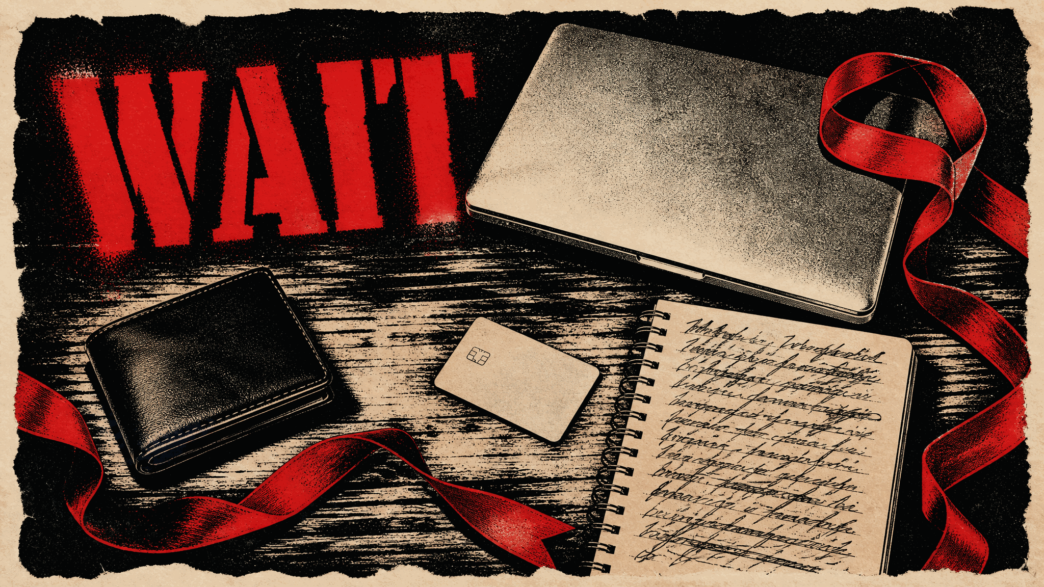 Screen-printed overhead view of a wooden table with a closed laptop, a black wallet, a blank card, a notebook of scribbled notes, and loose red ribbon, beside the red stenciled word WAIT.