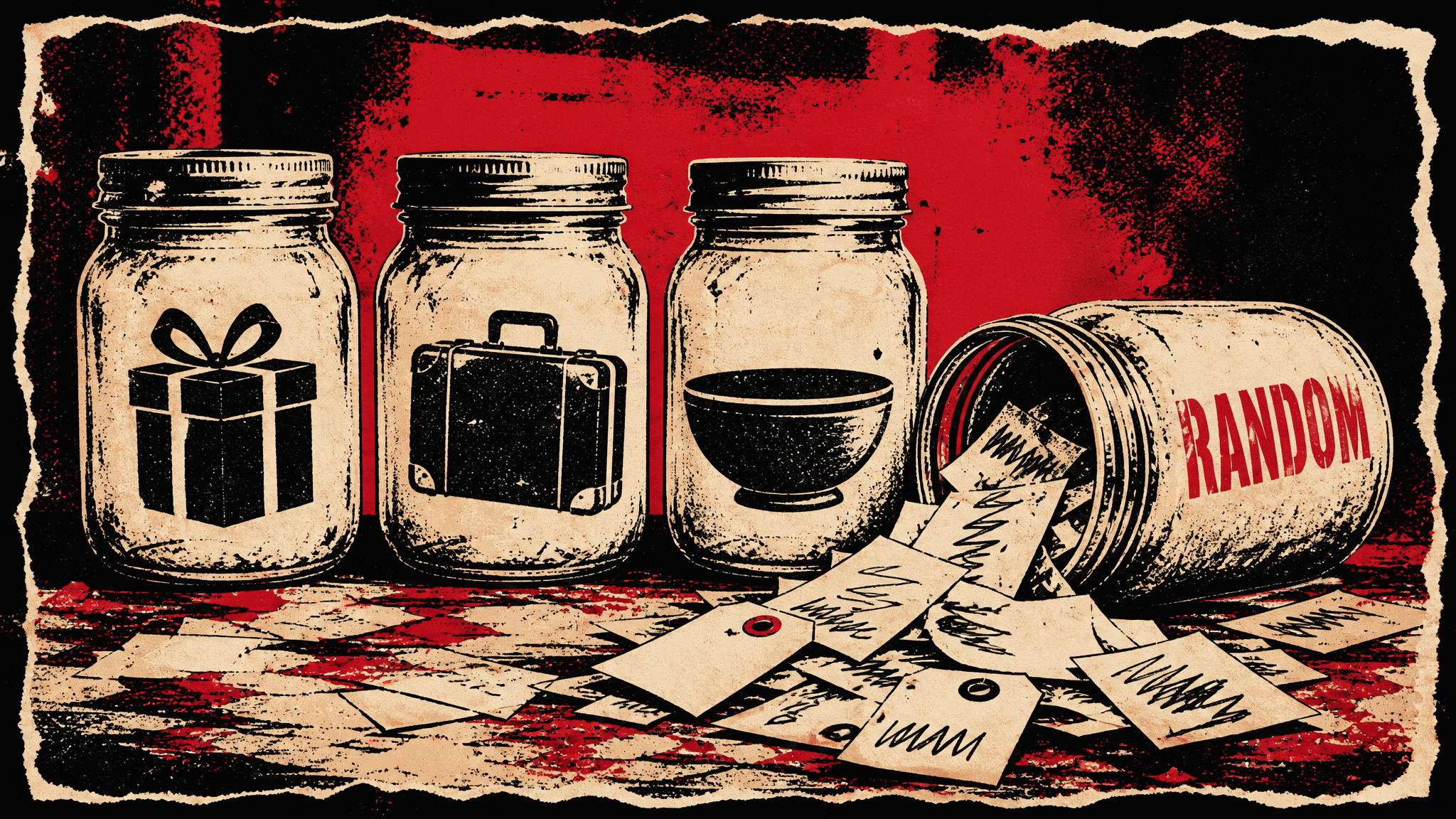 Four glass jars in black, cream, and red print style marked with a gift, a suitcase, and a bowl, with a fourth jar labeled RANDOM tipped over and spilling scribbled paper tags across the counter.