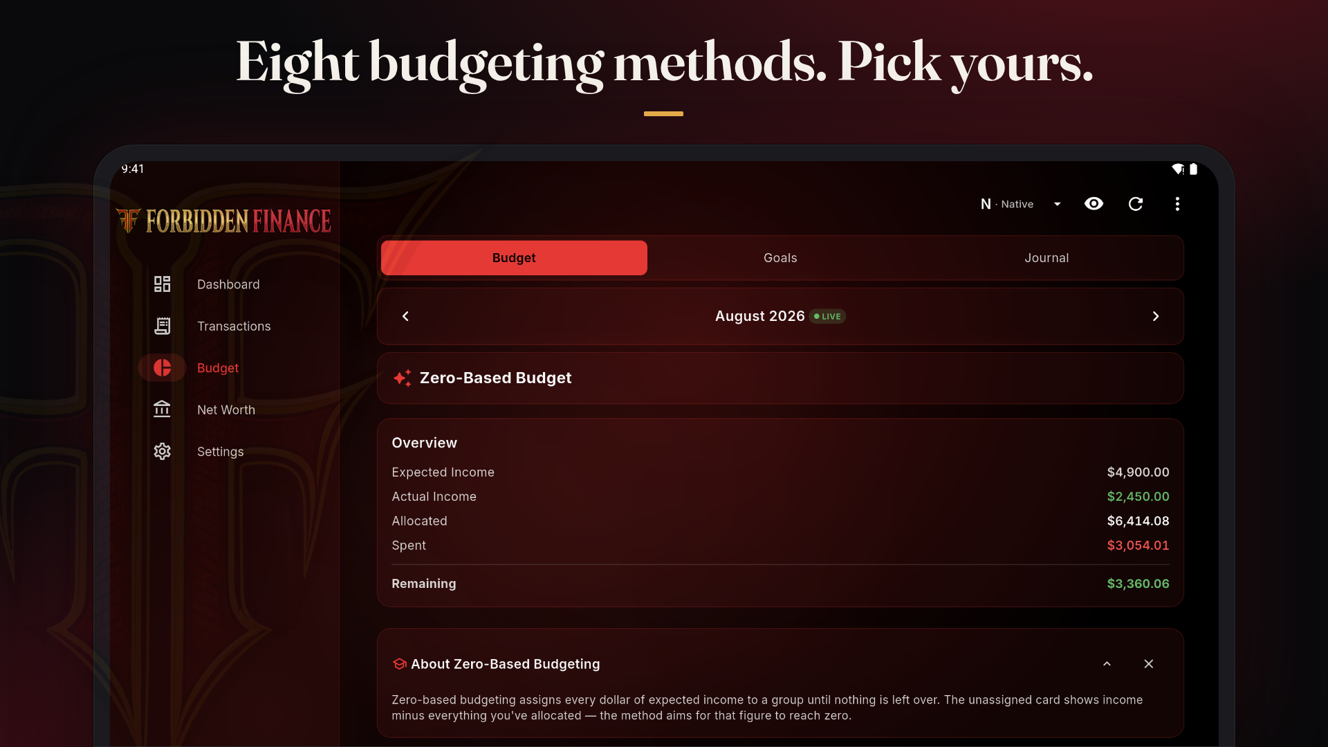 Forbidden Finance budget screen on a tablet under the headline Eight budgeting methods. Pick yours.: an August 2026 zero-based budget with expected income, actual income, allocated, spent and remaining figures, plus an explainer card about zero-based budgeting