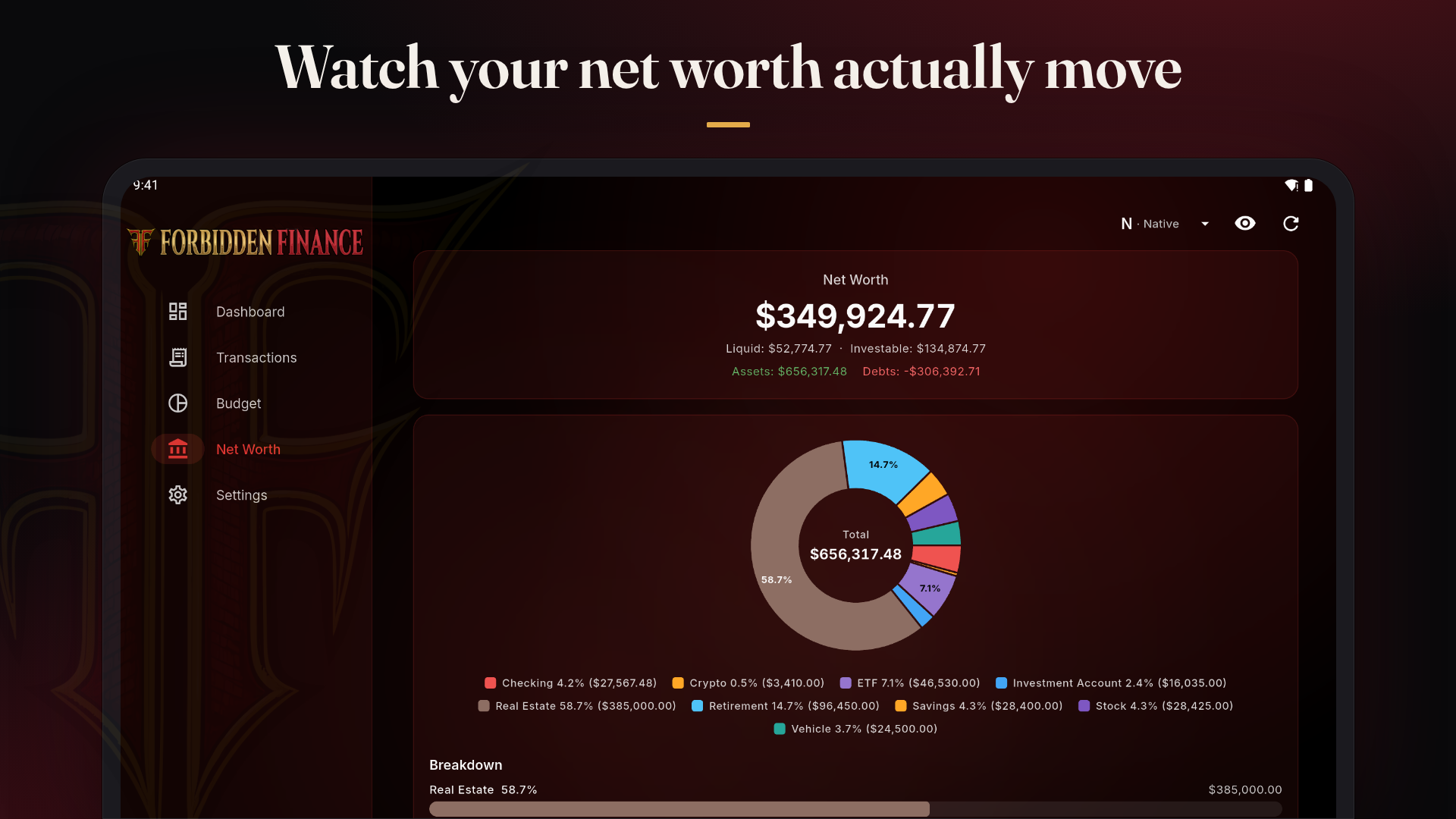 Forbidden Finance net worth screen on a tablet under the headline Watch your net worth actually move: total net worth $349,924.77 with Liquid and Investable figures, assets and debts, and a donut chart breaking assets into real estate, retirement, ETFs, savings, checking, stocks, vehicle, investment account and crypto